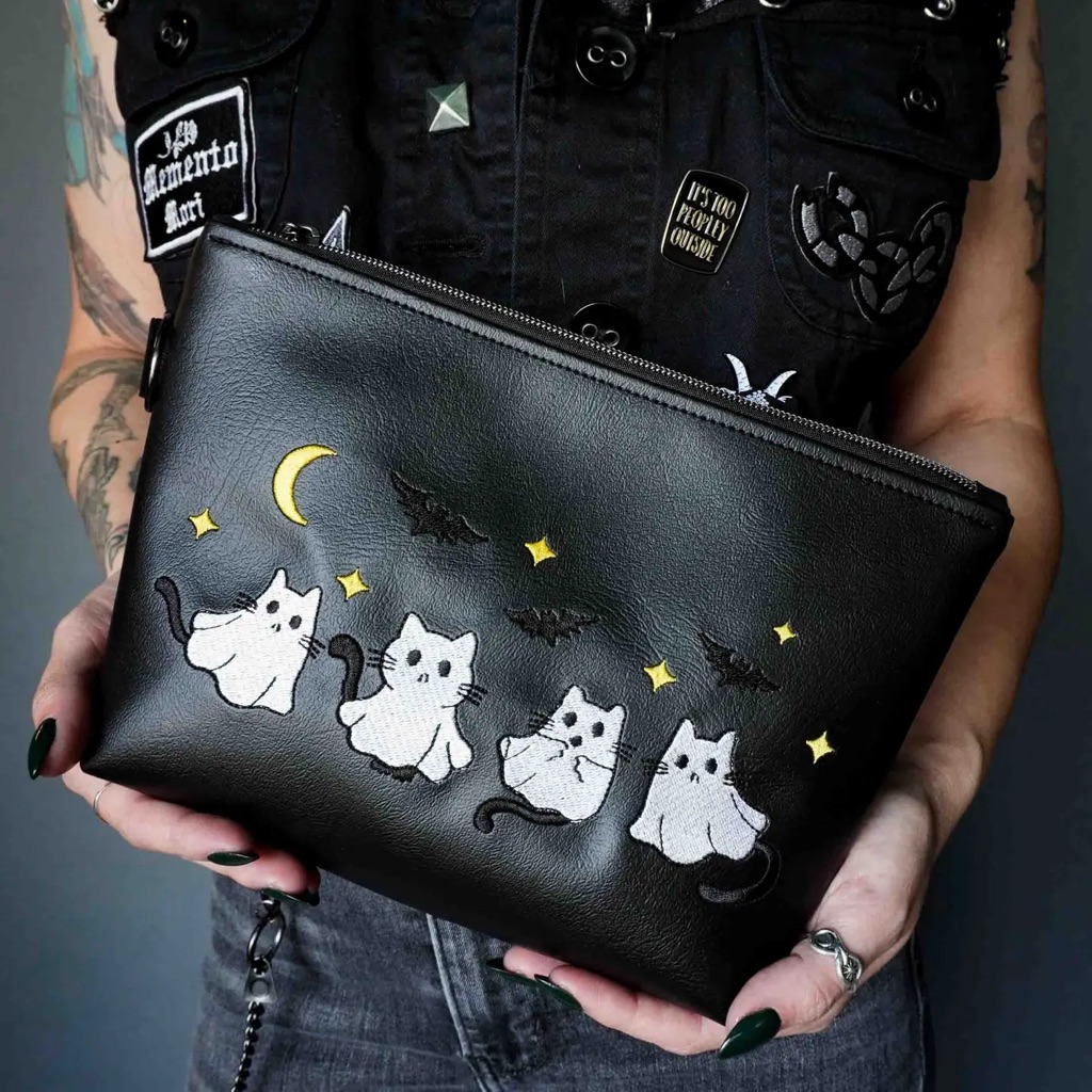 Ghost Kitties Embroidered Cosmetic Bag